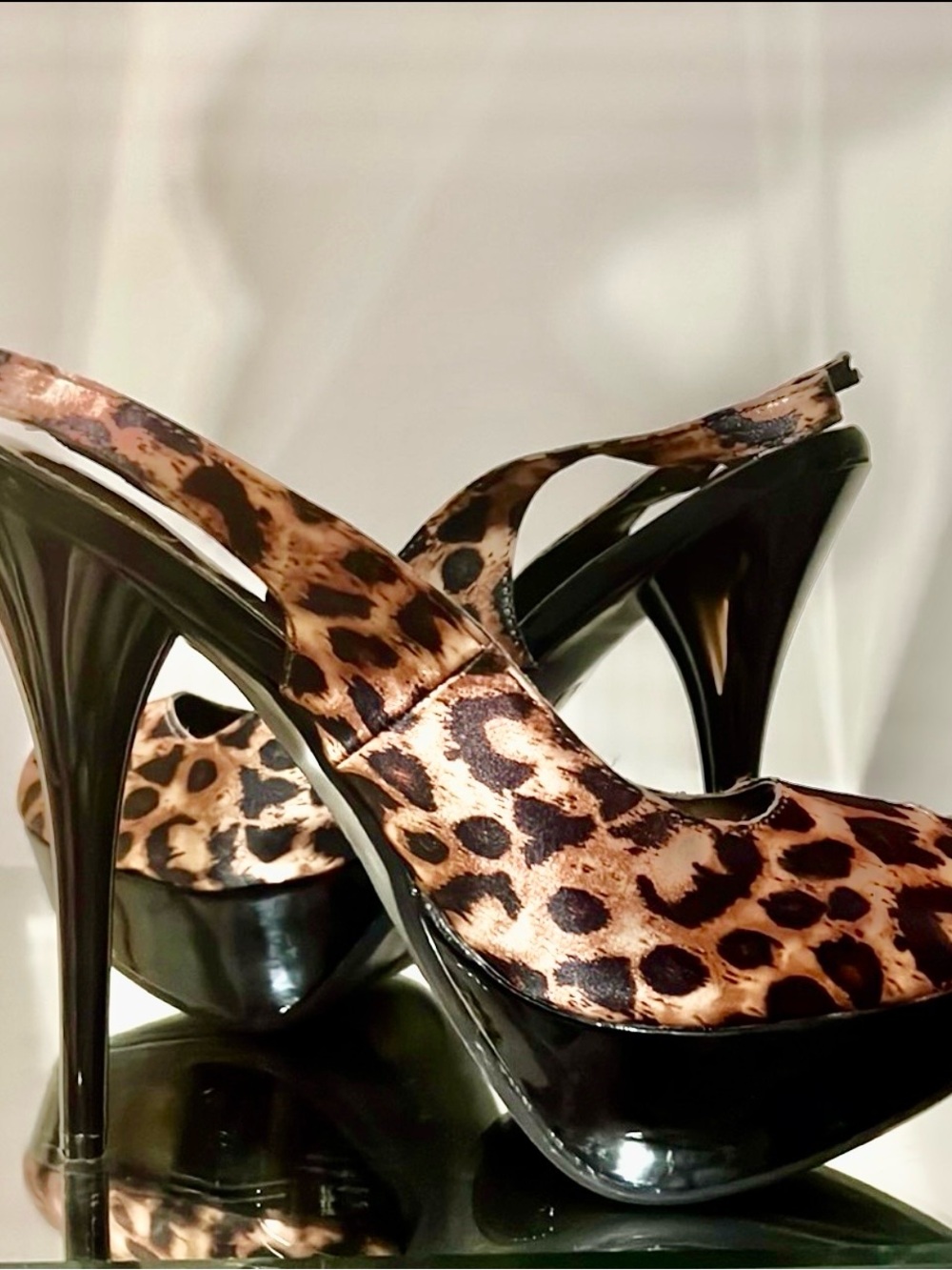 Leopard Print Platform Slingback Heels - Brown/Black